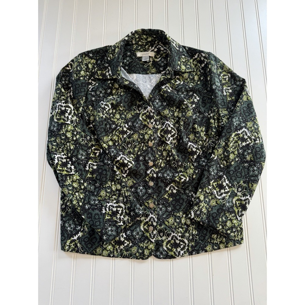 CJ Banks Womens Shirt Jacket XL Green Floral Snap Front Suede Feel